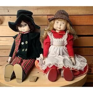 Vintage Pair 17” Porcelain Face Cloth Dolls Boy Girl Lace Dress Plaid Outfit